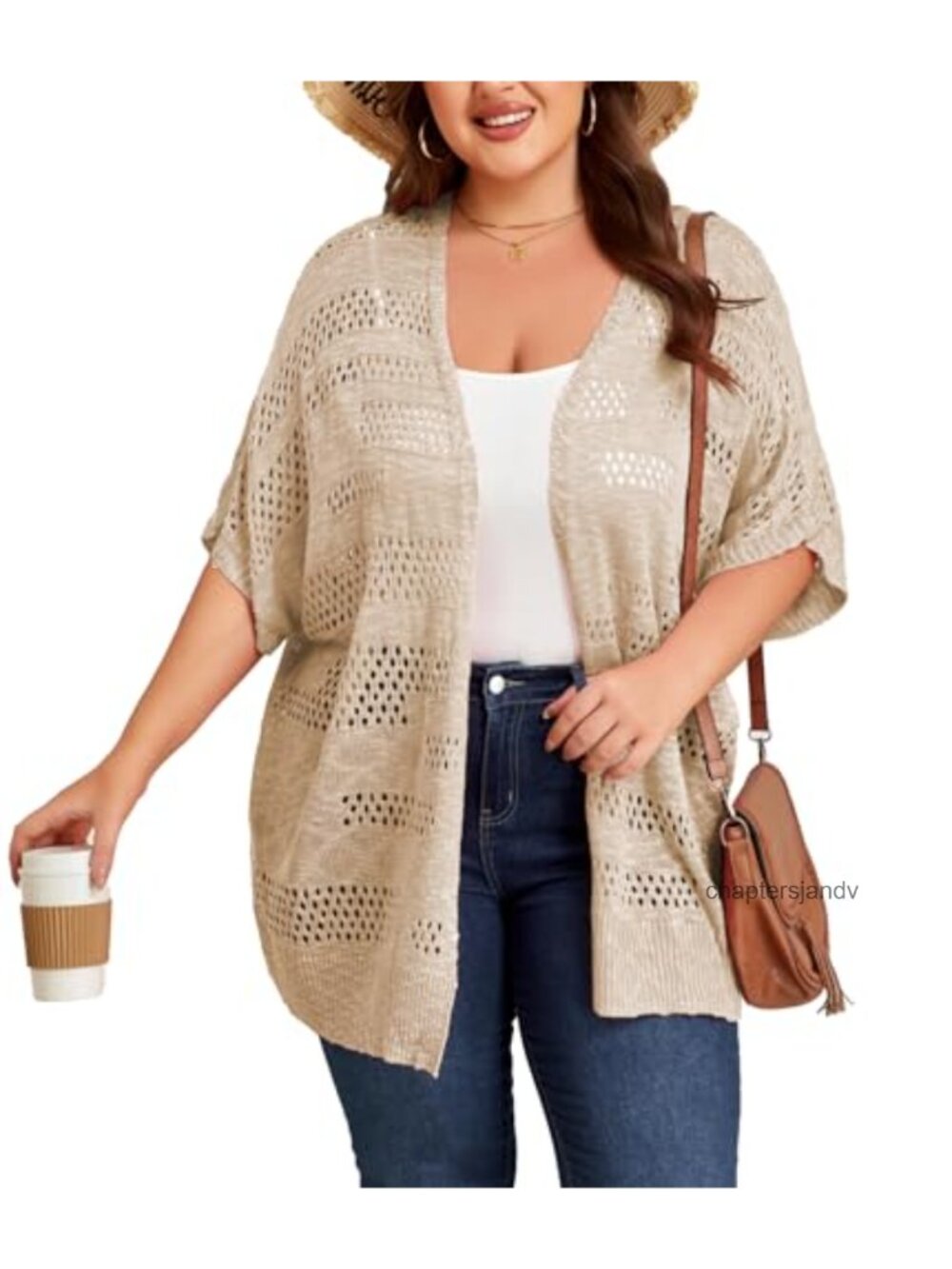Plus Size Crochet Cardigan Kimono Boho Short Sleeve Open Front Knit Sweater